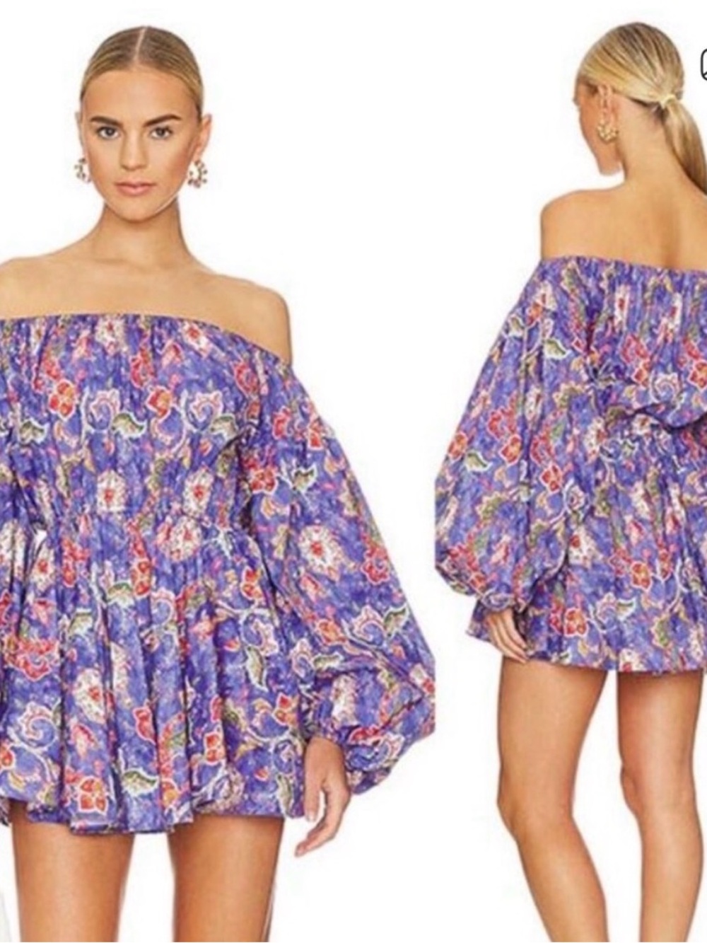 Caroline Constas Violet Paisley Off-Shoulder Mini Dress with Red & Green Motifs